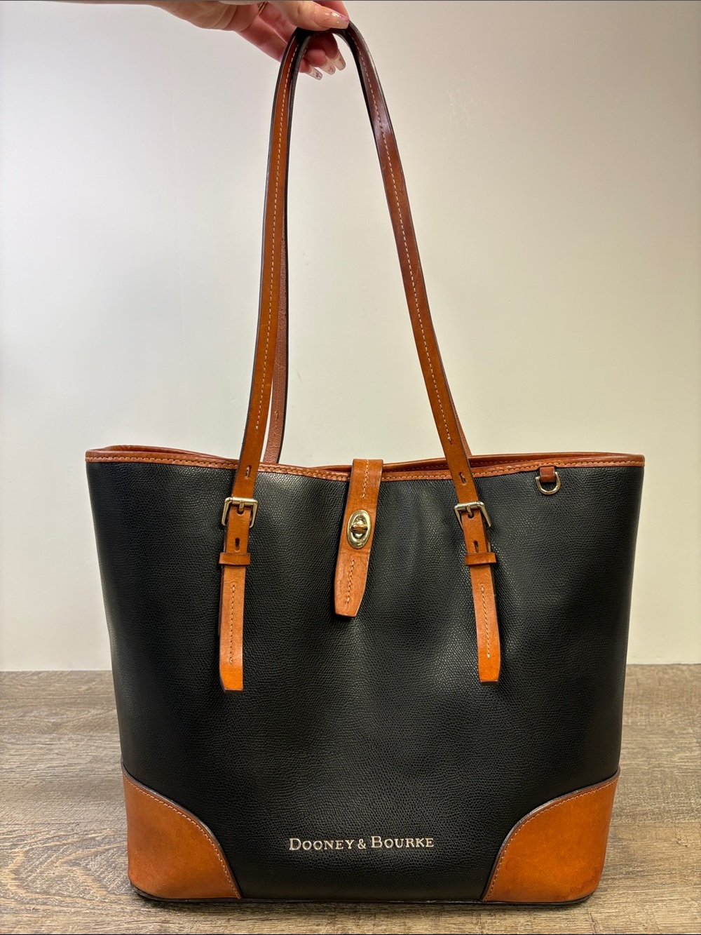 Dooney & Bourke Pebble Grain Leather Tote Bag Black & Saddle Brown
